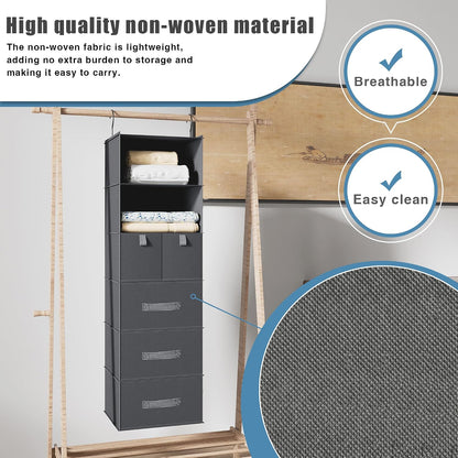 6-Shelf Hanging Closet Organizer with 5 Drawers, Non-Woven Storage, Black | Spacious compartments sort clothes & undergarments; foldable drawers add hidden storage for closets, wardrobes or RVs.