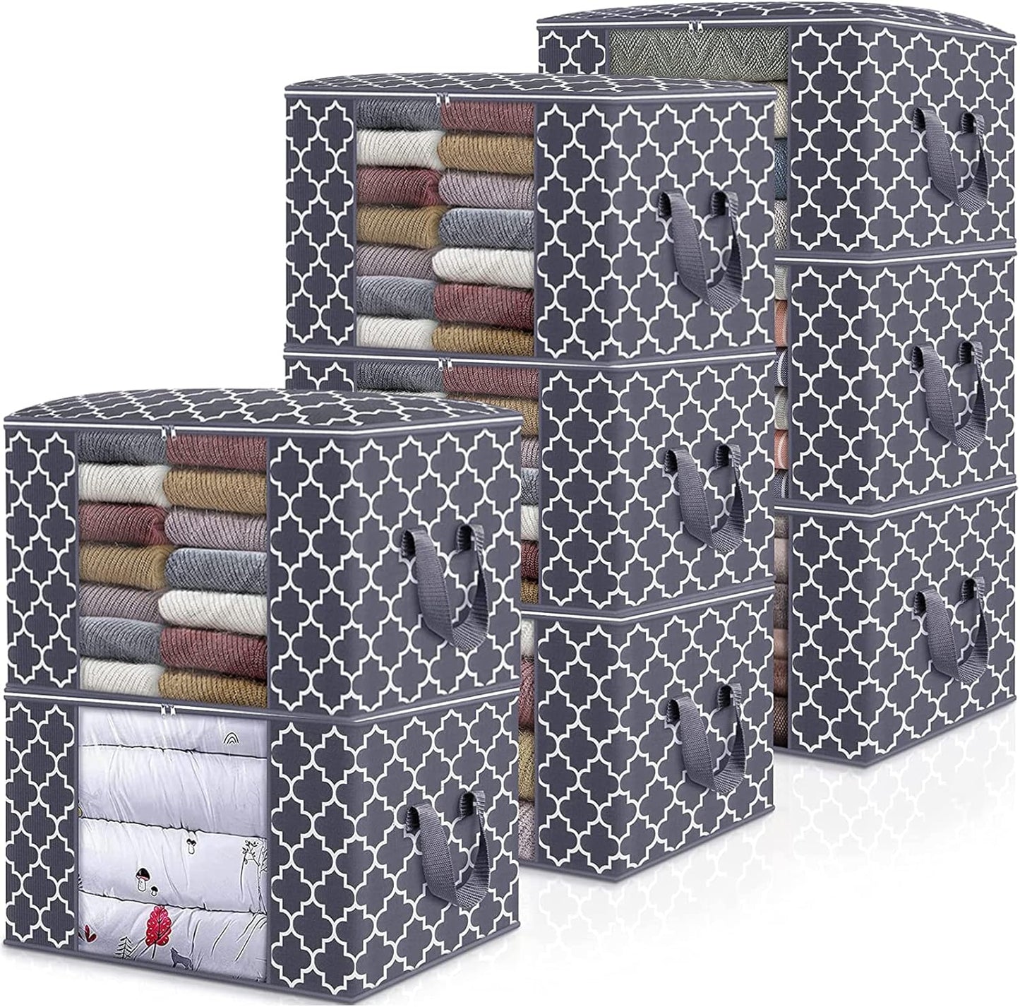 WISELIFE Storage Bags, Large Blanket Clothes Organization and Storage Containers for Bedding, Comforters, Foldable Organizer with Reinforced Handle, Clear Window,Sturdy Zippers,(Grey, 3 x 100L)