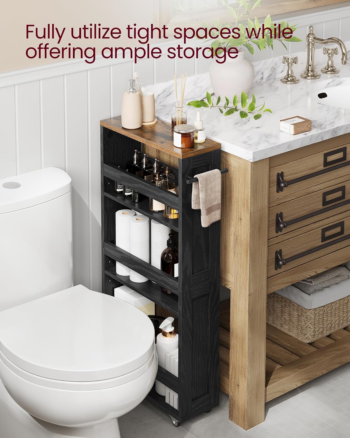 VASAGLE 4-Tier Slide-Out Storage Cart, Slim Kitchen Cart for Small Spaces, with Wheels, Handle, Bathroom, Laundry Room, 5.9 x 17 x 34.1 Inches, Rustic White and Honey Brown ULRC050K01