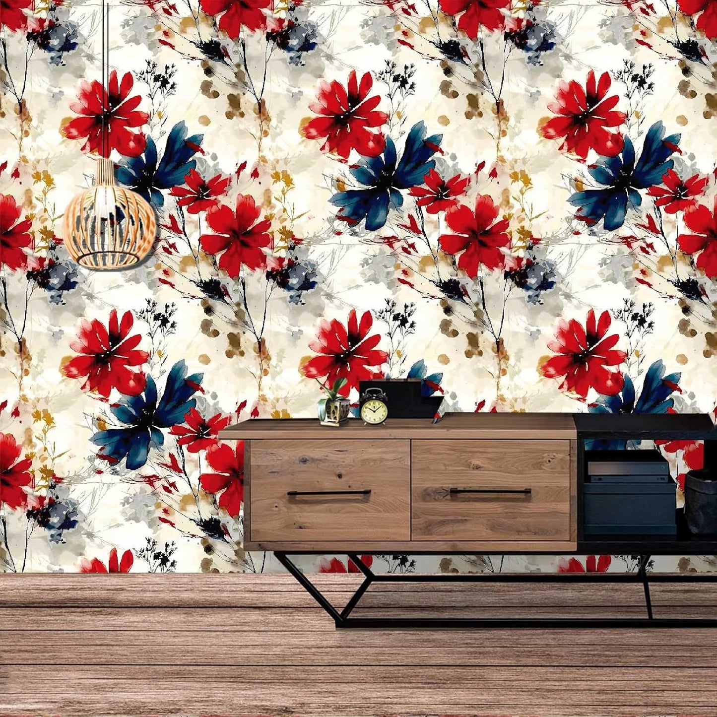 Red Watercolor Floral Peel and Stick Wallpaper Removable Self Adhesive Floral Wall Covering for Living Room Bedroom Accent Wall 17.7 x 70.8 in