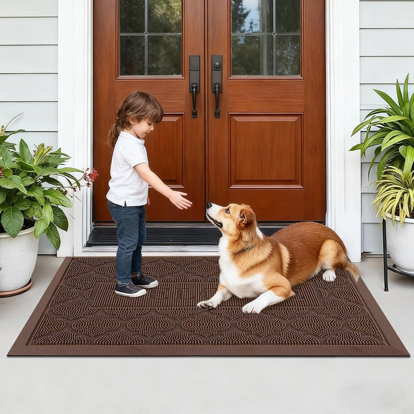 FRAMICS Front Door Mat Outside Entrance, Heavy Duty Rubber Door Mats Outdoor Welcome Mat Waterproof Doormat Non Slip for Entryway Doormats Dirt Trapper Indoor Mats All Seasons, 17 x 30 Inches, Black