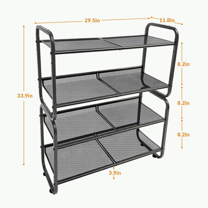 4 Tiers Metal Shoe Rack for Entryway Closet Hallway Bedroom Garage | Shoe Storage Organizer, Mesh Shoe Shelves, Freestanding, Stackable, Adjustable, Rustproof Black