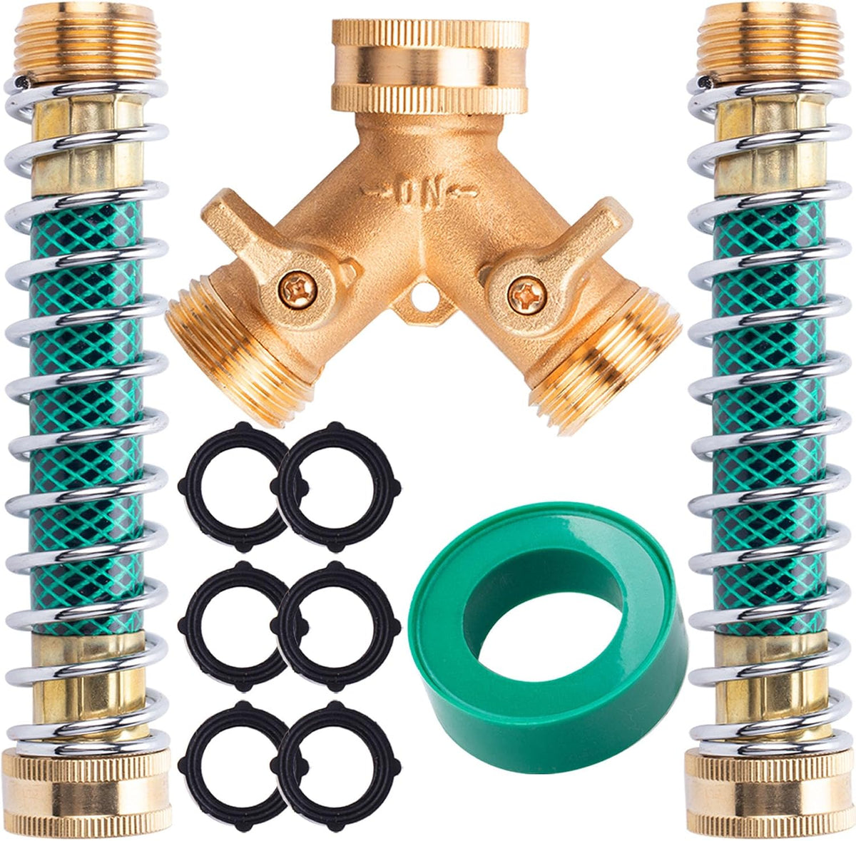 ORAEVY Brass 2 Way Hose Splitter, 3/4" Brass Y Way Garden Hose Connector with 2 Pcs Garden Hose Extension Adapter and 6 Rubber Washers