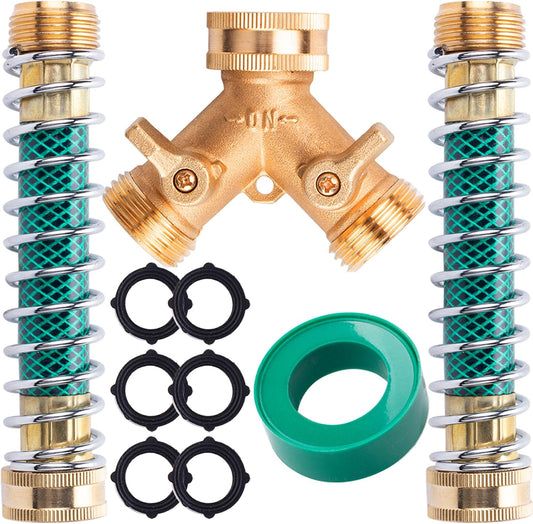 ORAEVY Brass 2 Way Hose Splitter, 3/4" Brass Y Way Garden Hose Connector with 2 Pcs Garden Hose Extension Adapter and 6 Rubber Washers