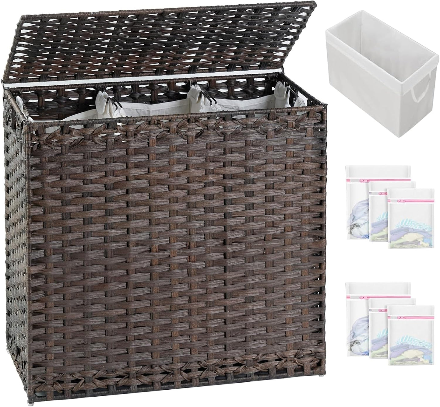 SETVSON Laundry Hamper with Lid Laundry Basket 132 L (35 Gal) Wicker Clothes Hamper, Handwoven Rattan Hamper with Handles and 4 Removable Liner Bags, 6 Mesh Bags for Laundry Bedroom Natural