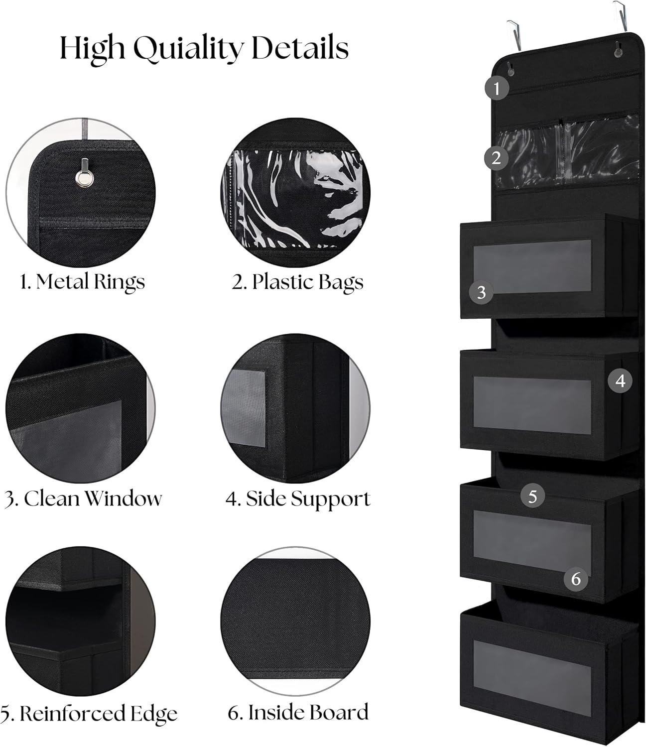 Giraffe Creation Black Over Door Organizer with 4 Large Clear Pockets, Hanging Door Storage for Closet, Bathroom, Bedroom, Dorm, Nursery, Toys, Toiletries, Cosmetics