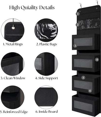 Giraffe Creation Black Over Door Organizer with 4 Large Clear Pockets, Hanging Door Storage for Closet, Bathroom, Bedroom, Dorm, Nursery, Toys, Toiletries, Cosmetics