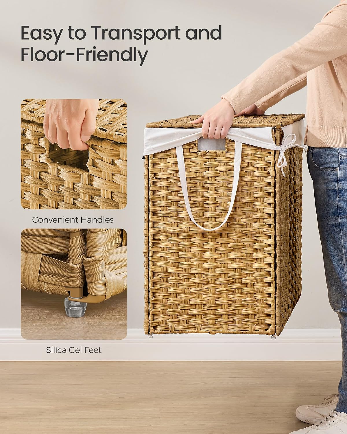 SONGMICS Laundry Hamper with Lid, 23.8 Gallon (90 L) Synthetic Rattan Clothes Laundry Basket with Lid and Handles, Foldable, Removable Liner, Chestnut Brown ULCB051K02