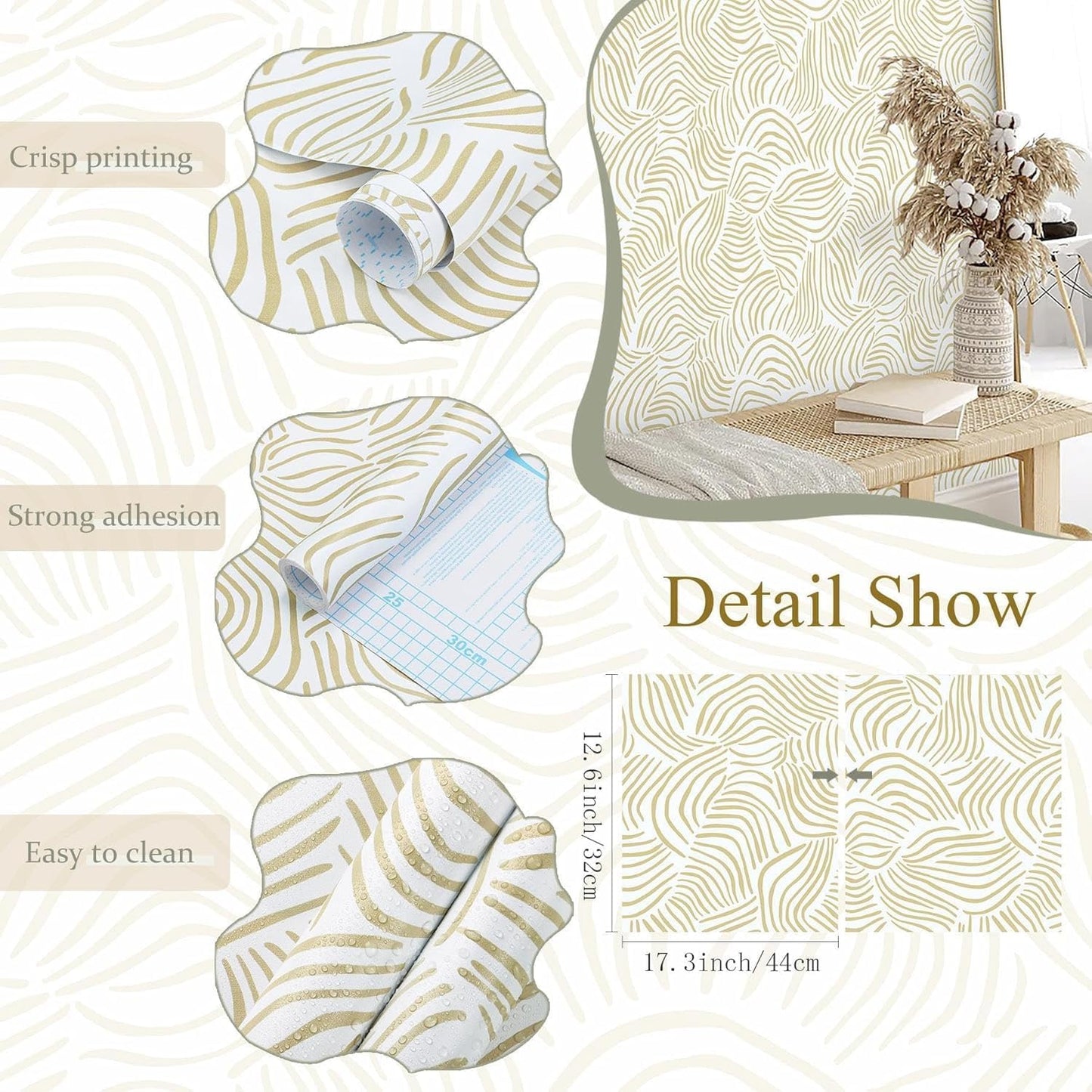 Dimoon 17.3" X 78.7" Peel and Stick Wallpaper Floral Contact Paper Boho Beige White Renter Friendly Natural Wall Paper Waterproof Removable Self Adhesive Wallpaper for Bedroom Livingroom Vinyl Roll