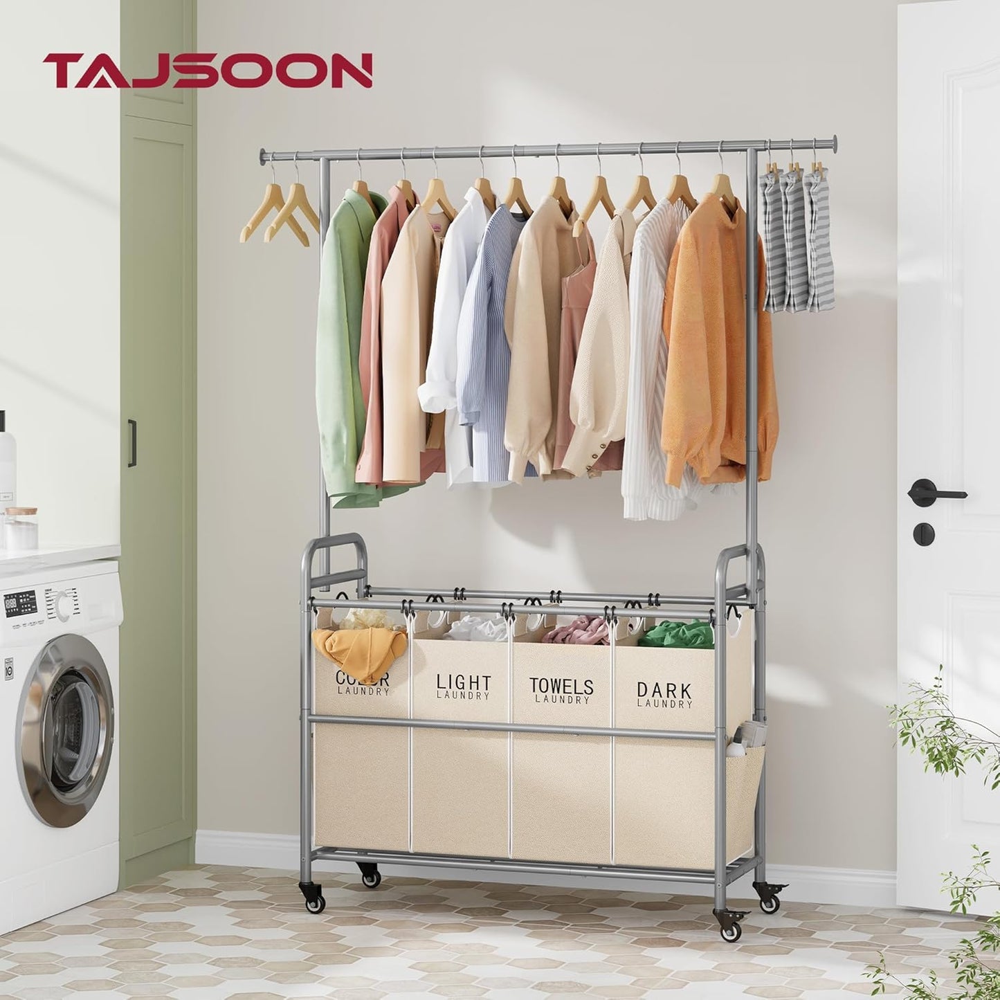Tajsoon Laundry Hamper with Hanging Rack, 3 Section Laundry Sorter with Heavy Duty Lockable Wheels, Laundry Basket Organizer for Dirty Clothes Storage, 3 Beige