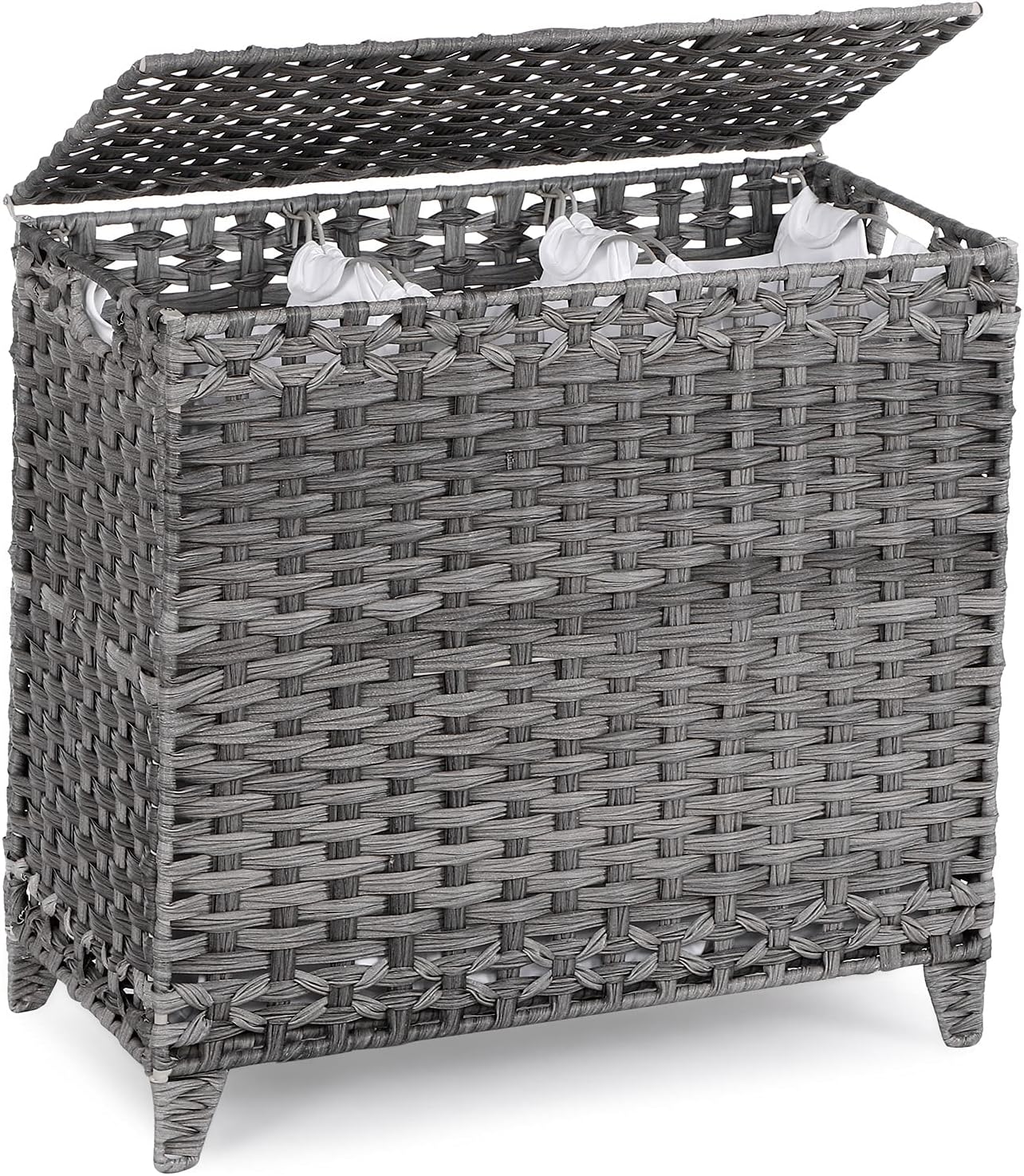 Laundry Hamper with 3 Removable Liner Bags; 132L Handwoven Rattan Laundry Basket with Lid & Heightened Feet; Clothes Hamper with Side Handles; Laundry Sorter with 3 Separate Sections