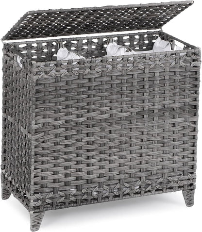 Laundry Hamper with 3 Removable Liner Bags; 132L Handwoven Rattan Laundry Basket with Lid & Heightened Feet; Clothes Hamper with Side Handles; Laundry Sorter with 3 Separate Sections