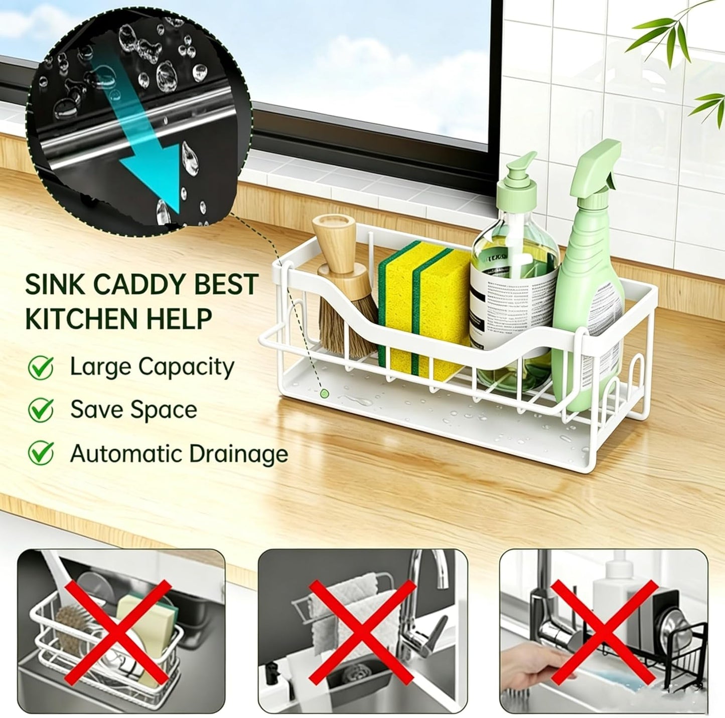 Kitchen Sink Organizer Stainless Steel Sponge Holder with Automatic Drainage Tray and Detachable Rag Rack