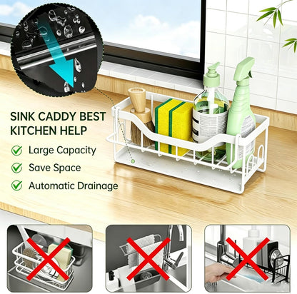 Kitchen Sink Organizer Stainless Steel Sponge Holder with Automatic Drainage Tray and Detachable Rag Rack