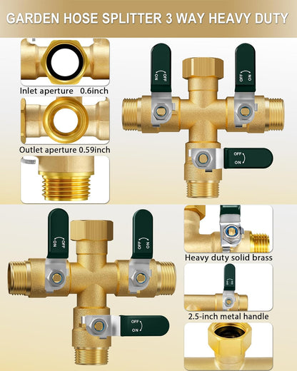 EBH Garden Hose Splitter 2 Way, Heavy Duty Solid Brass Hose Splitter with Shutoff Valves, Water Spigot Splitter With 304 Stainless Steel Handle, Full Flow Outdoor Faucet Splitter, 3/4" GHT Thread