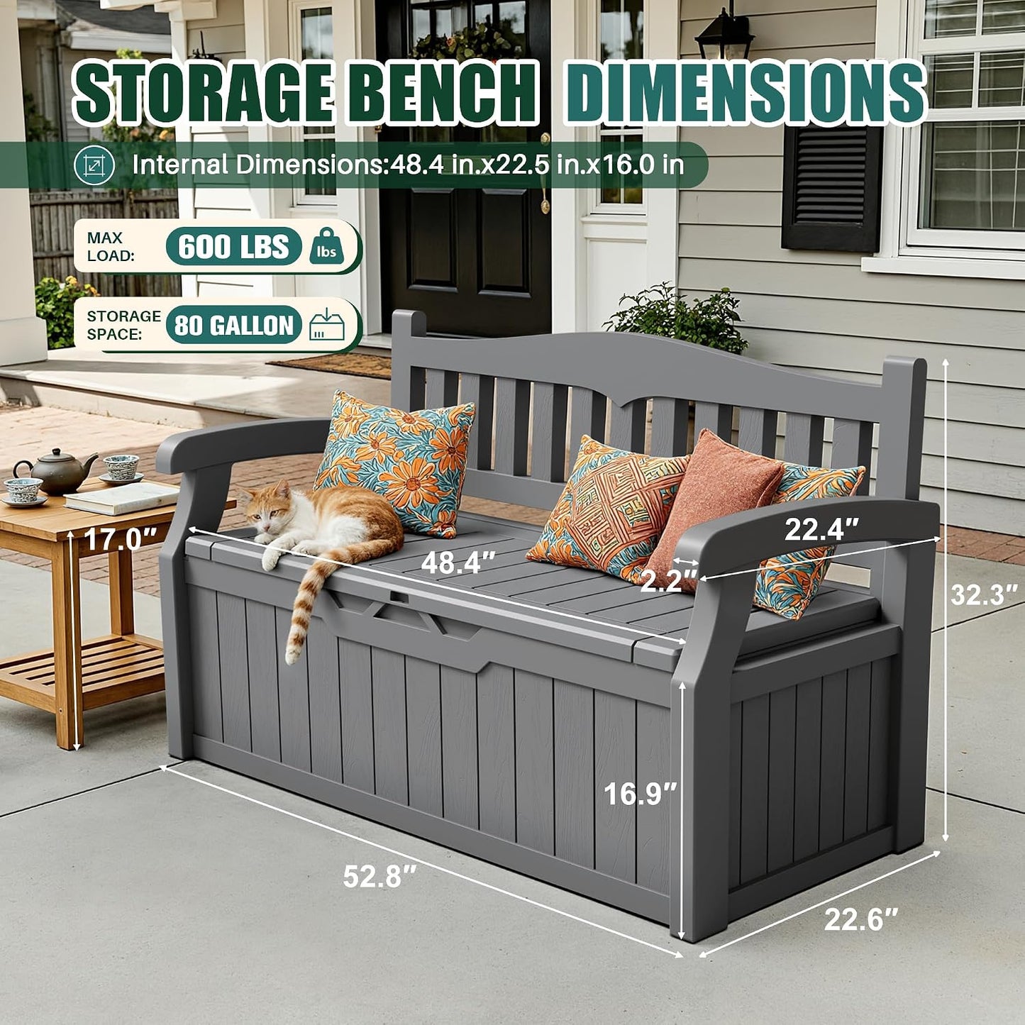 Devoko 80 Gallon Storage Bench Deck Box Lockable for Patio Furniture, Garden Decor and Outdoor Seating for Cushions, Garden Tools and Pool Supplies (Black)