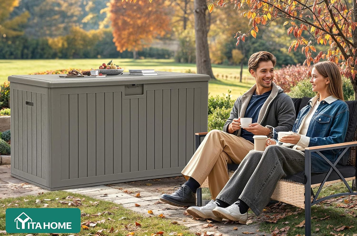 YITAHOME 95 Gallon Outdoor Storage Deck Box | Waterproof Resin Deck Box w/Handles, Lockable Outdside Deck Box for Patio Furniture, Garden Tools, Lockable & UV