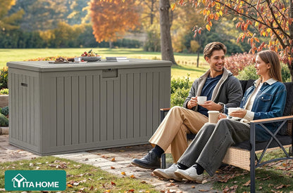 YITAHOME 100 Gallon Large Outdoor Deck Box | Waterproof Resin Storage Box, Lockable Indoor Outdoor Storage Container for Patio Furniture Cushions, Pool Accessories
