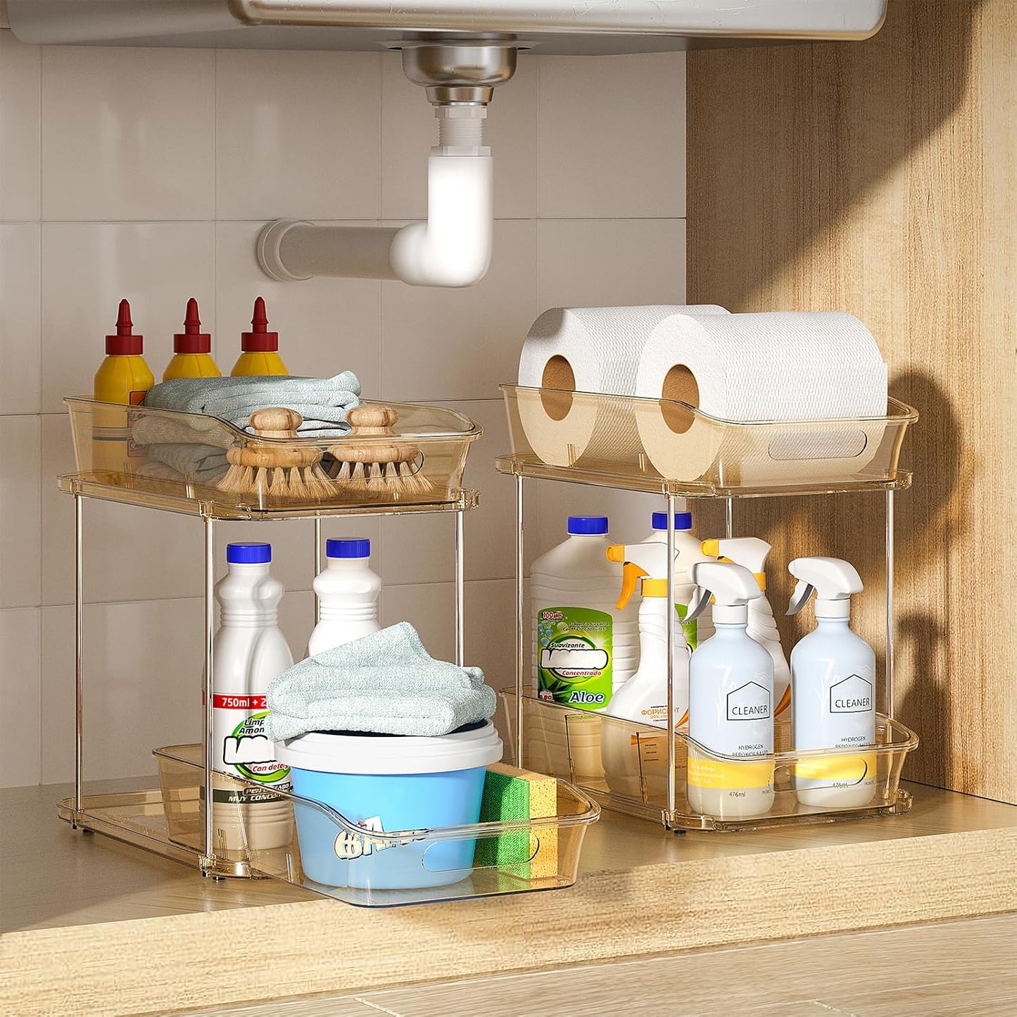 Delamu 2-Tier Under Sink Organizers and Storage, Multi-Purpose Stackable Bathroom Cabinet organizers, Pull Out Kitchen Pantry Organization and Storage with Dividers(2 Pack, Clear)