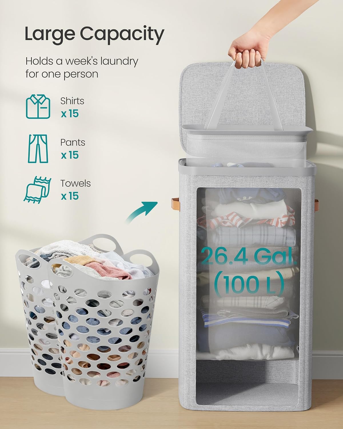 SONGMICS Laundry Basket, 50.2 Gal. Laundry Hamper, 3 Compartments, Easy Assembly, with Lid and Handles, Removable Liners, 25.2 x 15.7 x 29.5 Inches, Cappuccino Beige ULCB814LH01