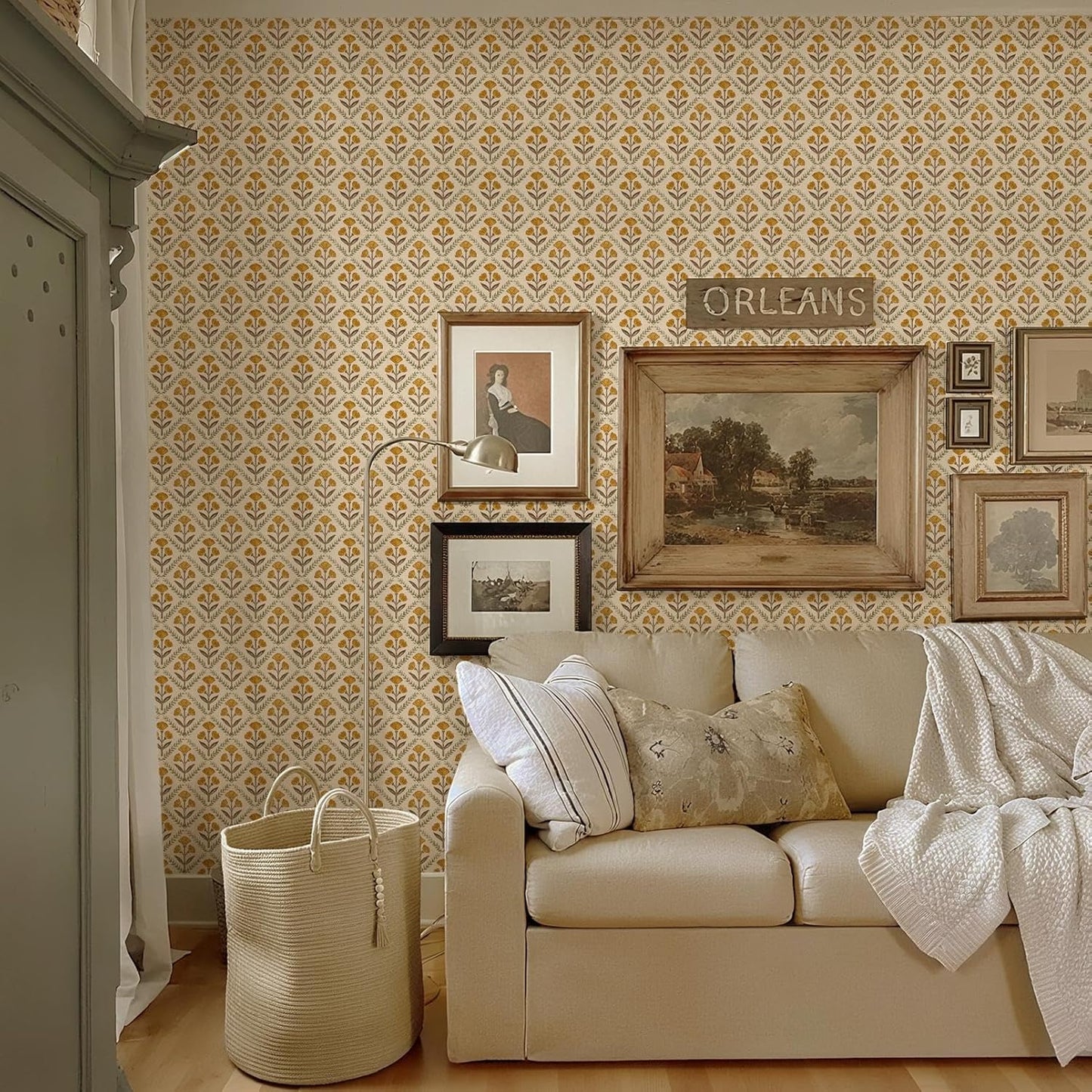 Dimoon 17.3''x78.7'' Peel and Stick Wallpaper Floral Cute Contact Paper Vintage Village Country Cottage Wallpaper Farmhouse Yellow Beige Renter Friendly Geometry Waterproof Embossed Kitchen Bedroom