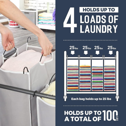 STO STO Laundry Sorter 3 Section, 3 Bag Clothes Hamper, Rolling Laundry Cart Basket with Heavy Duty Lockable Wheels and Removable Bag for Laundry Room, Bedroom, Closet, Gray