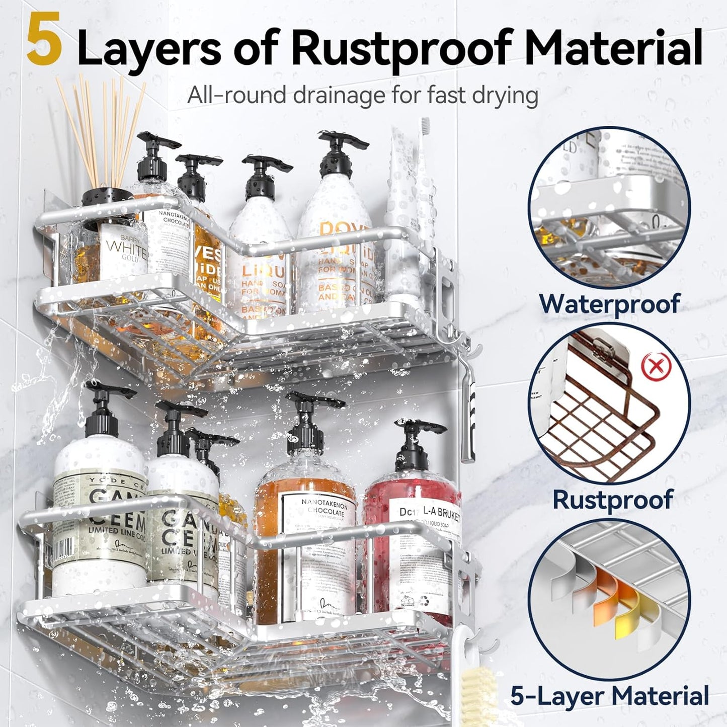 YASONIC Corner Shower Caddy, 5-Pack Adhesive Rustproof Stainless Steel Shower Organizer with Soap Holder, No Drilling Shower Shelf for Inside Shower, Dorm, Renters, Black