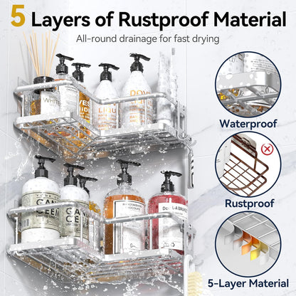 YASONIC Corner Shower Caddy, 5-Pack Adhesive Rustproof Stainless Steel Shower Organizer with Soap Holder, No Drilling Shower Shelf for Inside Shower, Dorm, Renters, Black