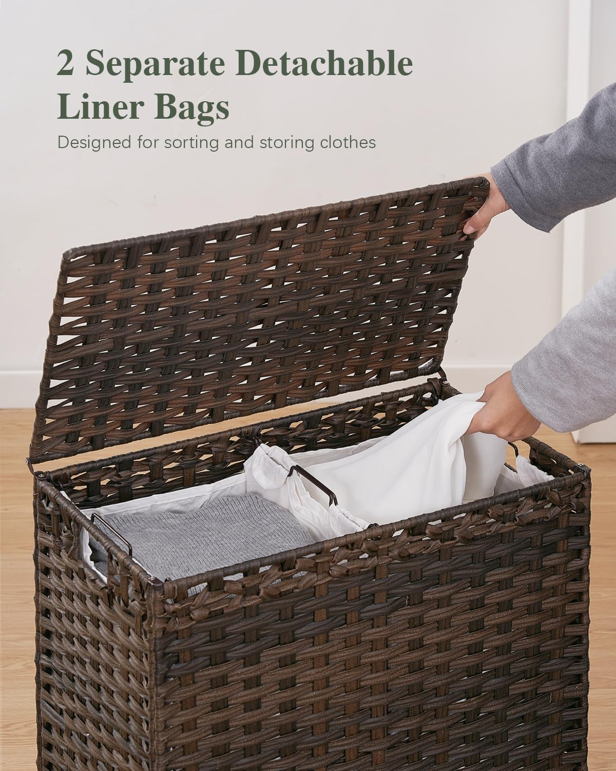 SETVSON Laundry Hamper with Lid 132 L, (35 Gallons) Clothes Hamper with Lid, Handwoven Rattan Laundry Hamper with Metal Heightened Feet, Laundry Hampers with 3 Removable Liner Bags for Laundry-Natural