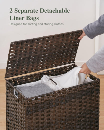 SETVSON Laundry Hamper with Lid 132 L, (35 Gallons) Clothes Hamper with Lid, Handwoven Rattan Laundry Hamper with Metal Heightened Feet, Laundry Hampers with 3 Removable Liner Bags for Laundry-Natural
