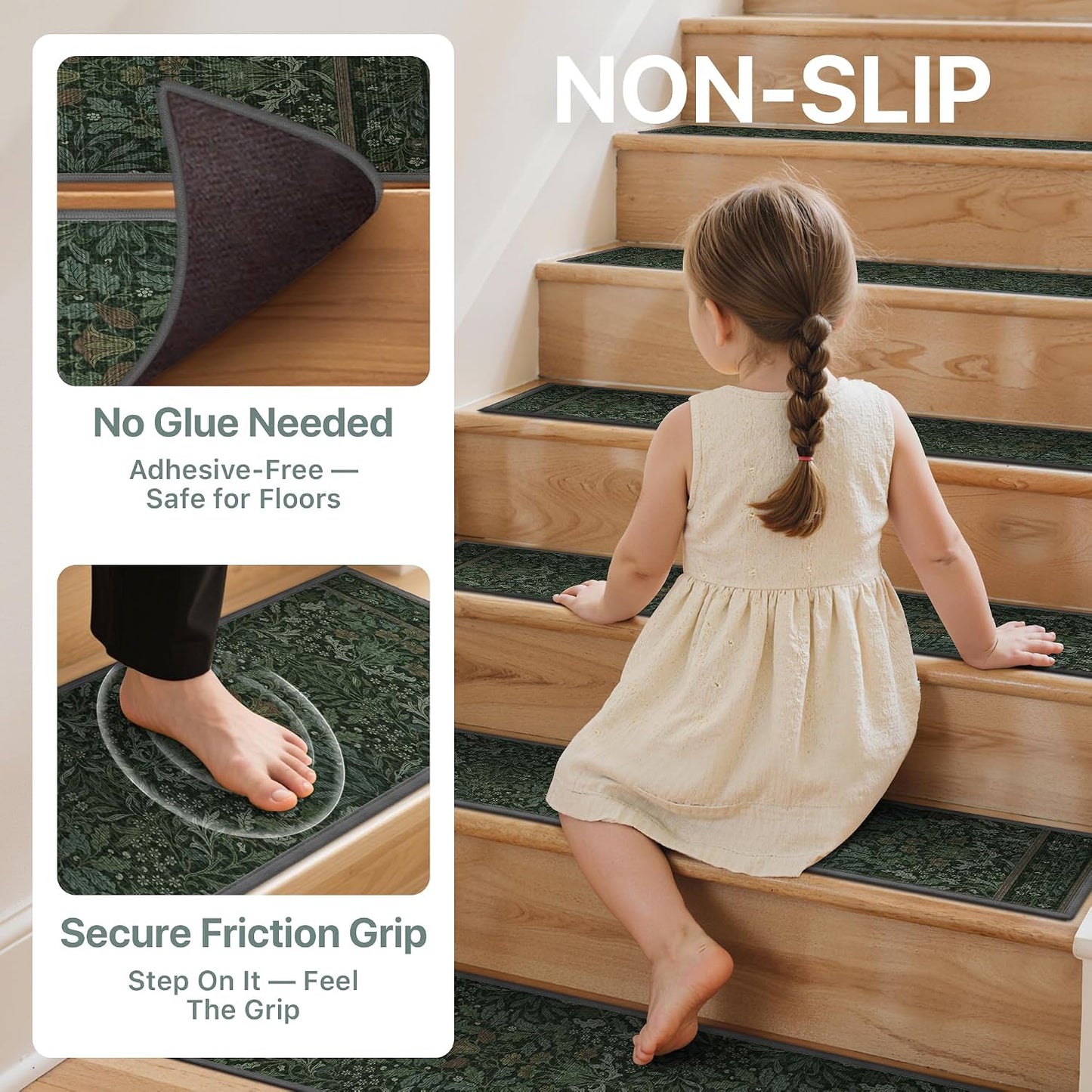sarben Non Slip Stair Treads for Wooden Steps 15PCS - 8"x30" Indoor Safety Carpet, Edging Mats with TPE Adhesive Backing, Pet and Elderly Friendly Stair Rugs (Taupe) - Colors A