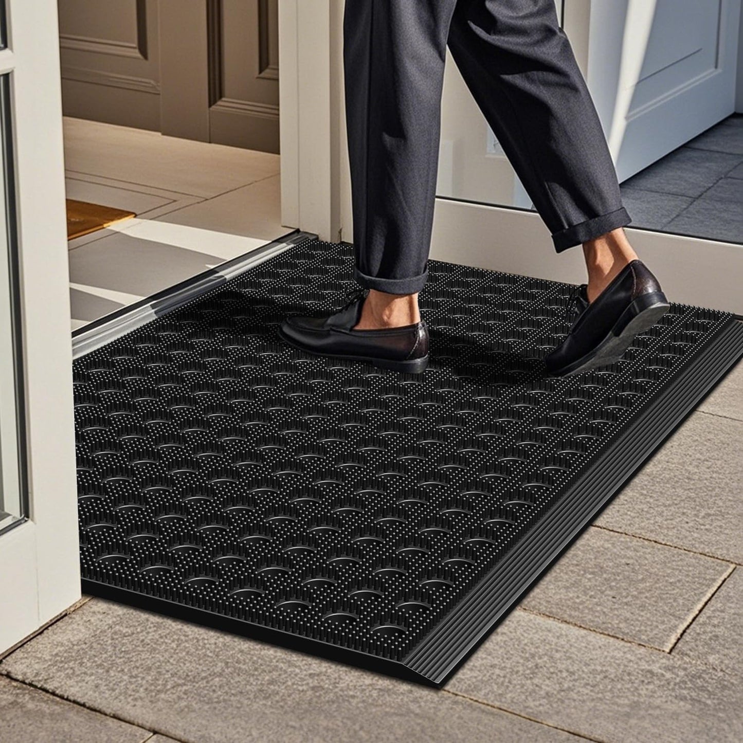Mibao Front Door Mat Outside Entrance, Heavy Duty Welcome Rubber Doormat Waterproof, All Weather Dirt Trapper Non-Slip Drainage Doormat, Entry Mat for Garage Home Pool Commercial, 17" x 29.5", Black