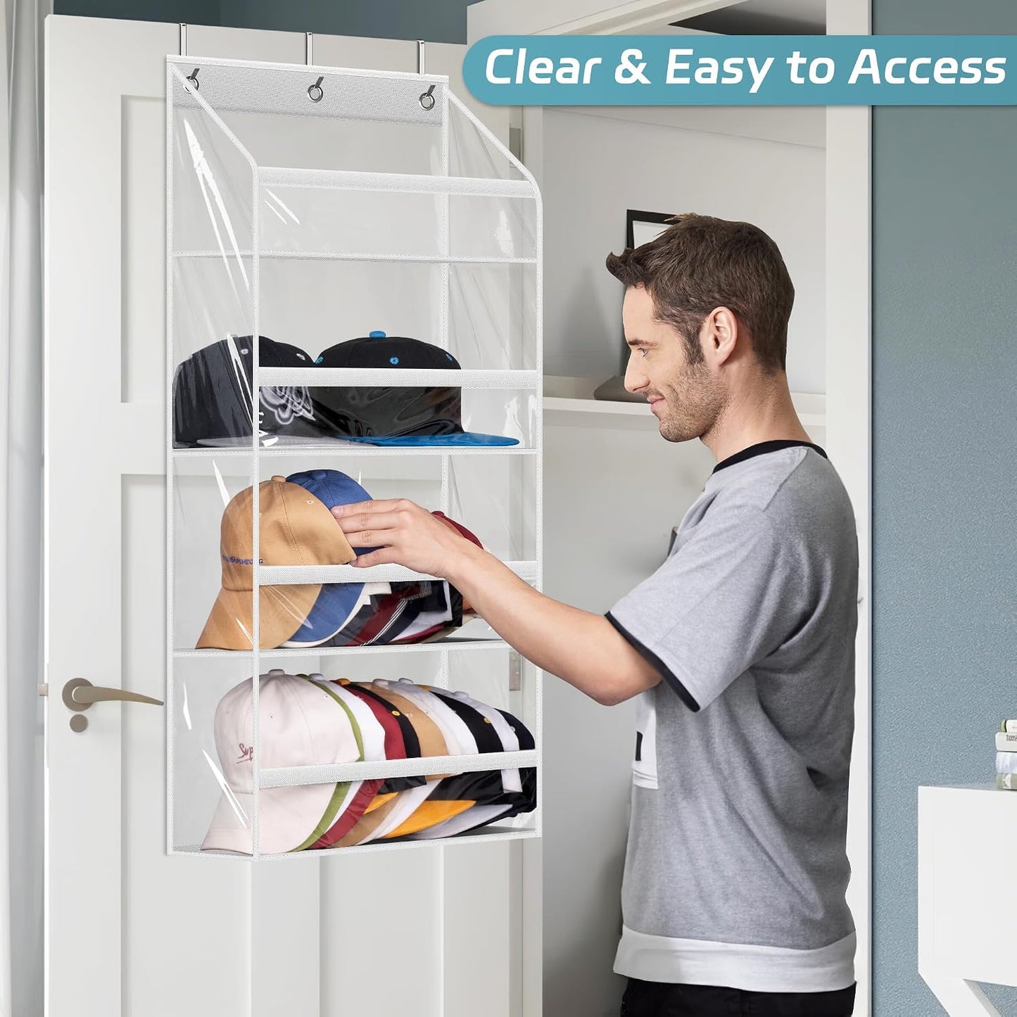 AOODA Clear Over the Door Hat Racks for Baseball Caps, Large Holds up to 72 Caps Hat Storage Organizer for Closet Wall, Deep Pockets Hanging Snapback Holder Shelves with 3 Hooks, White