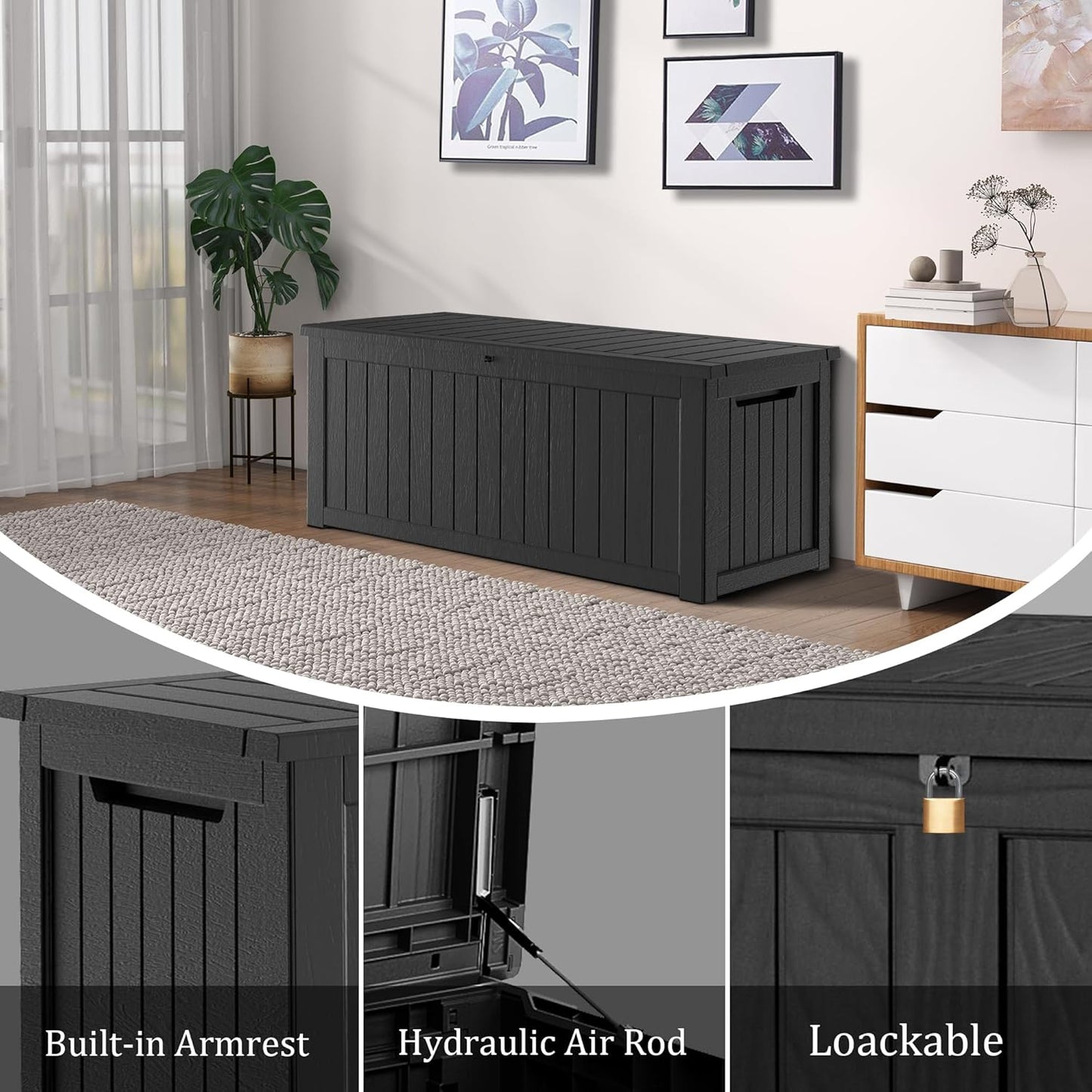 Outdoor Storage Box 325GAL Waterproof Resin Deck Box,Pool Accessories Supplies，UV-Resistant Lockable Package Delivery Bin for Garden Tools,Large Patio Outside Cushions,Chest,Furniture,Black