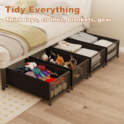 2 Pack Under the Bed Storage Containers,10 inch Height Under Bed Shoe Storage,31inch Long Underbed Storage with Wheels,Large Rolling under bed Clothes Storage Drawers with Lid for Dorm Tall ,Black