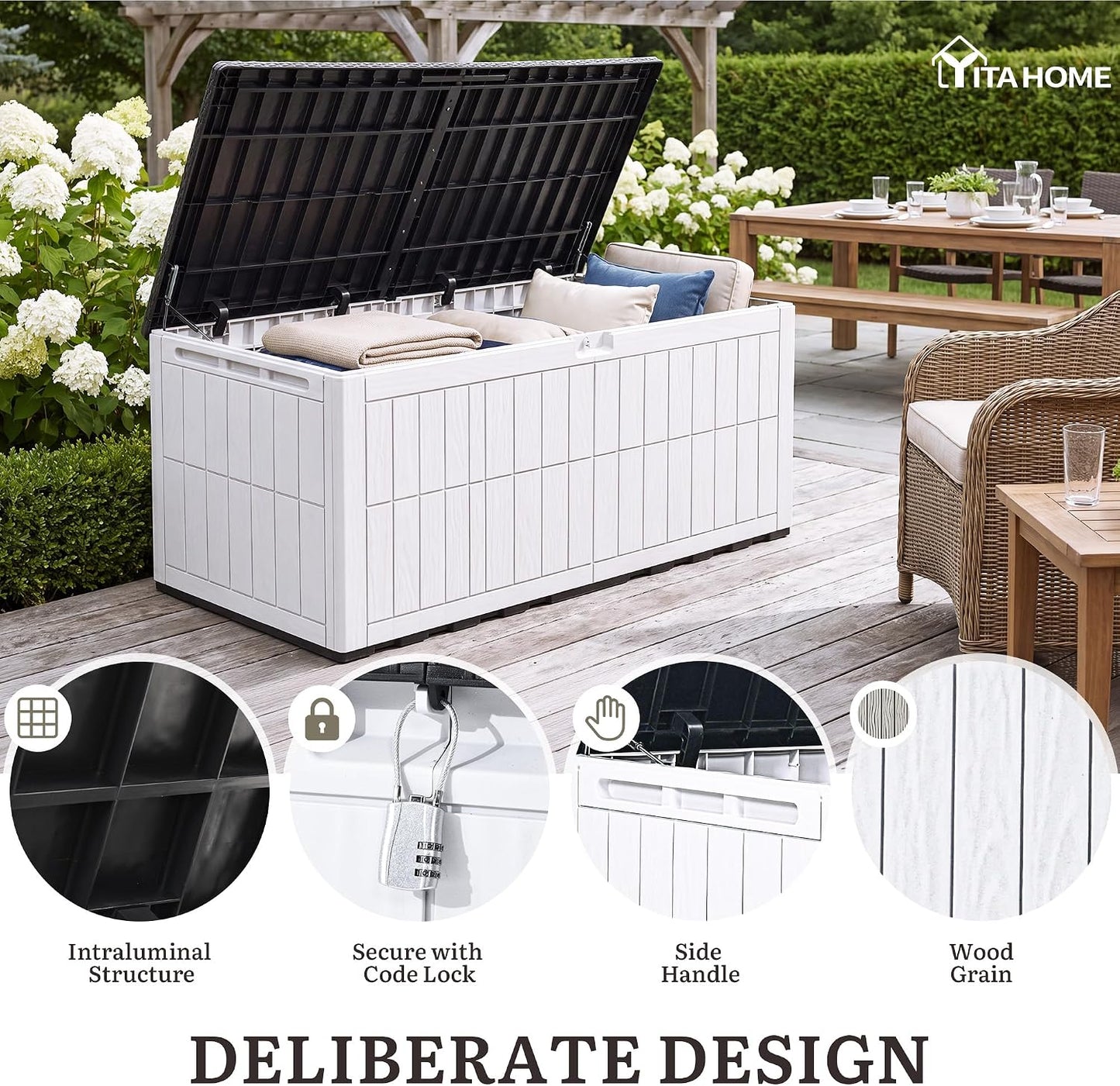 YITAHOME 134 Gallon Large Deck Box | Waterproof Resin Outdoor Storage Box with Lock, Doubles as 2-Person Bench Seating for Patio Furniture Cushions,Garden Tools &