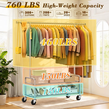 Upgraded 100% Stainless Steel Clothing Rack Load 760LBS, Heavy Duty Clothes Racks with Larger & Sturdy Wheel, Extendable & Adjustable Rolling Garment with Shelves for Hanging Portable Closet Rack