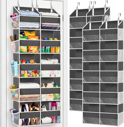 Over The Door Organizer, 5-Tier Extra Large Behind Door Storage with 10 Big Front & 10 Mesh Pockets, 80lb Capacity, Hanging Storage Organizer with Clear Window Kids Toys, Shoes, Diapers, Light Grey
