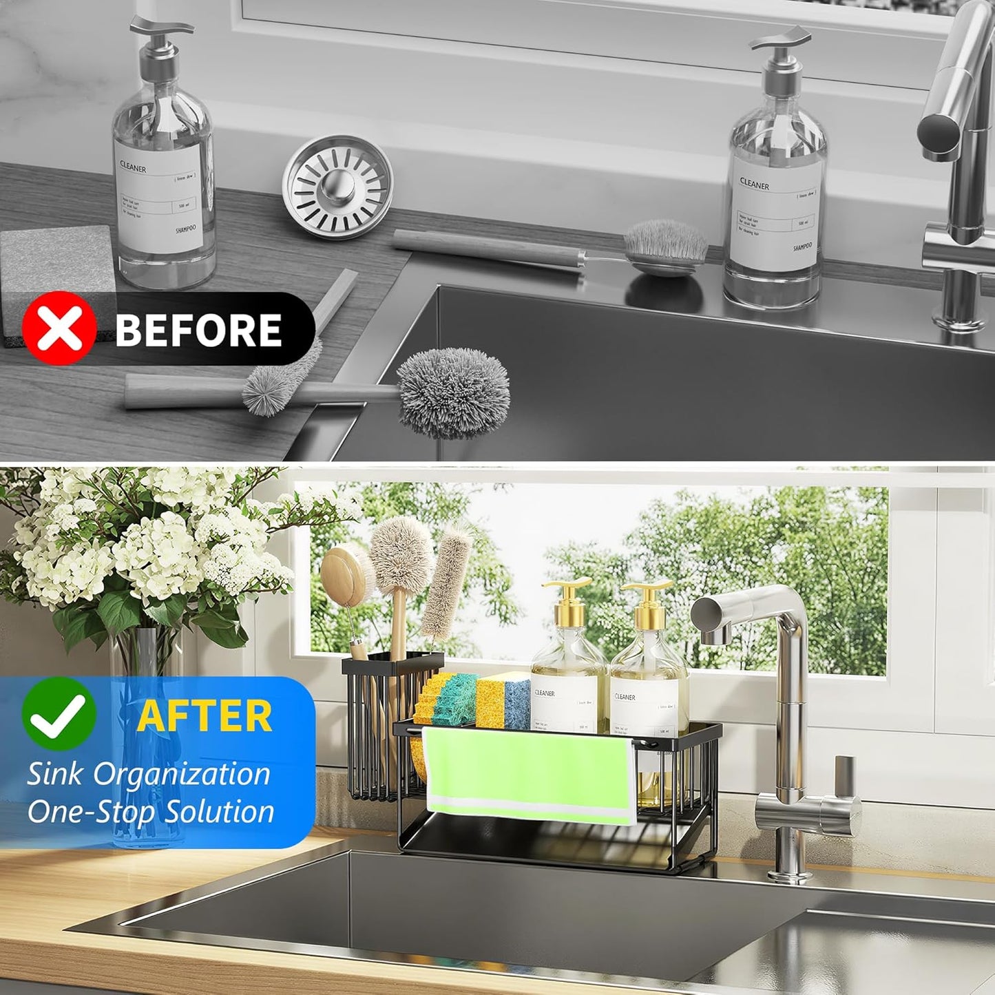 Cisily Sink Caddy Sponge Holder for Kitchen with Brush Holder and Stainless Steel Self Drain Tray, Rustproof Kitchen Sink Organizer for Sponge, Soap Dispenser Storage Accessories