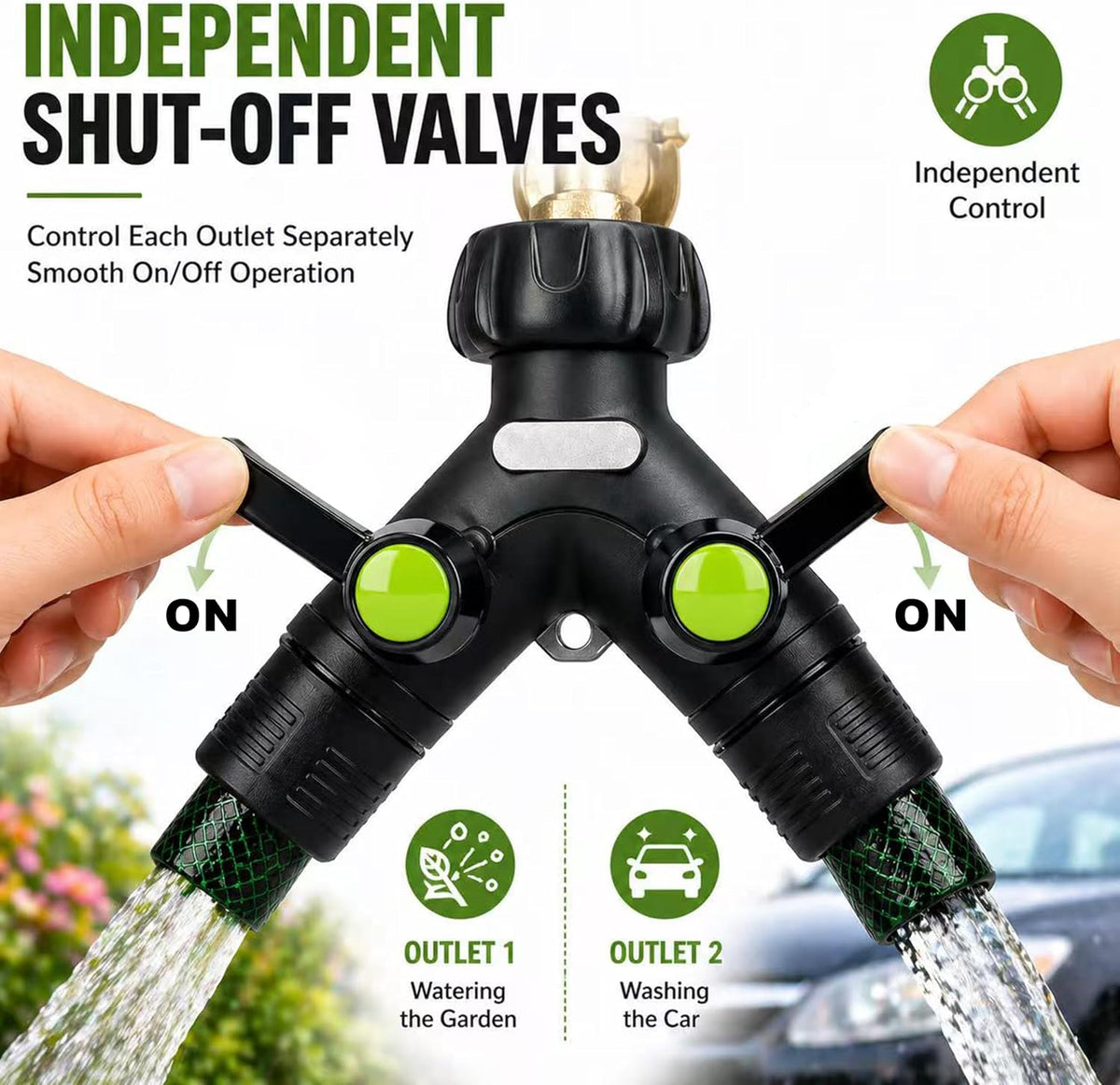 Garden Hose Splitter 2 Way Heavy Duty with Shut Off Valves,3/4" GHT | Large Ball Valve Design Helps Reduce Water Pressure Loss During Dual Outlet Use, TPR-Coated Grip Surface