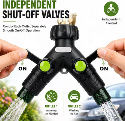 Garden Hose Splitter 2 Way Heavy Duty with Shut Off Valves,3/4" GHT | Large Ball Valve Design Helps Reduce Water Pressure Loss During Dual Outlet Use, TPR-Coated Grip Surface