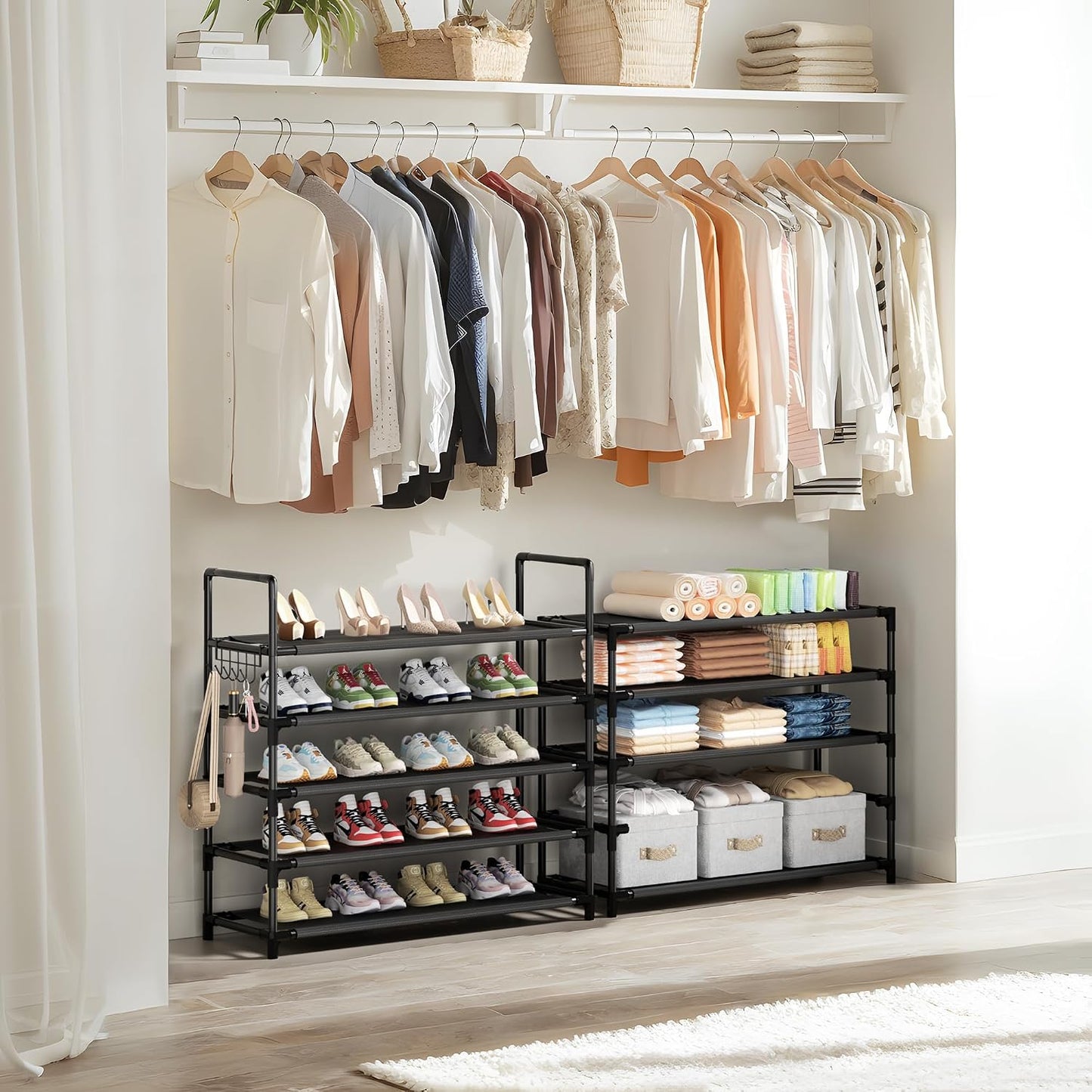 Shoe Rack, 10 Tier Shoe Storage Organizer with Hooks,Fit 40-45 Pairs Shoes,Metal Tall Shoe Shelf for Closet,Entryway, Hallway,Garage,Bedroom,Cloakroom