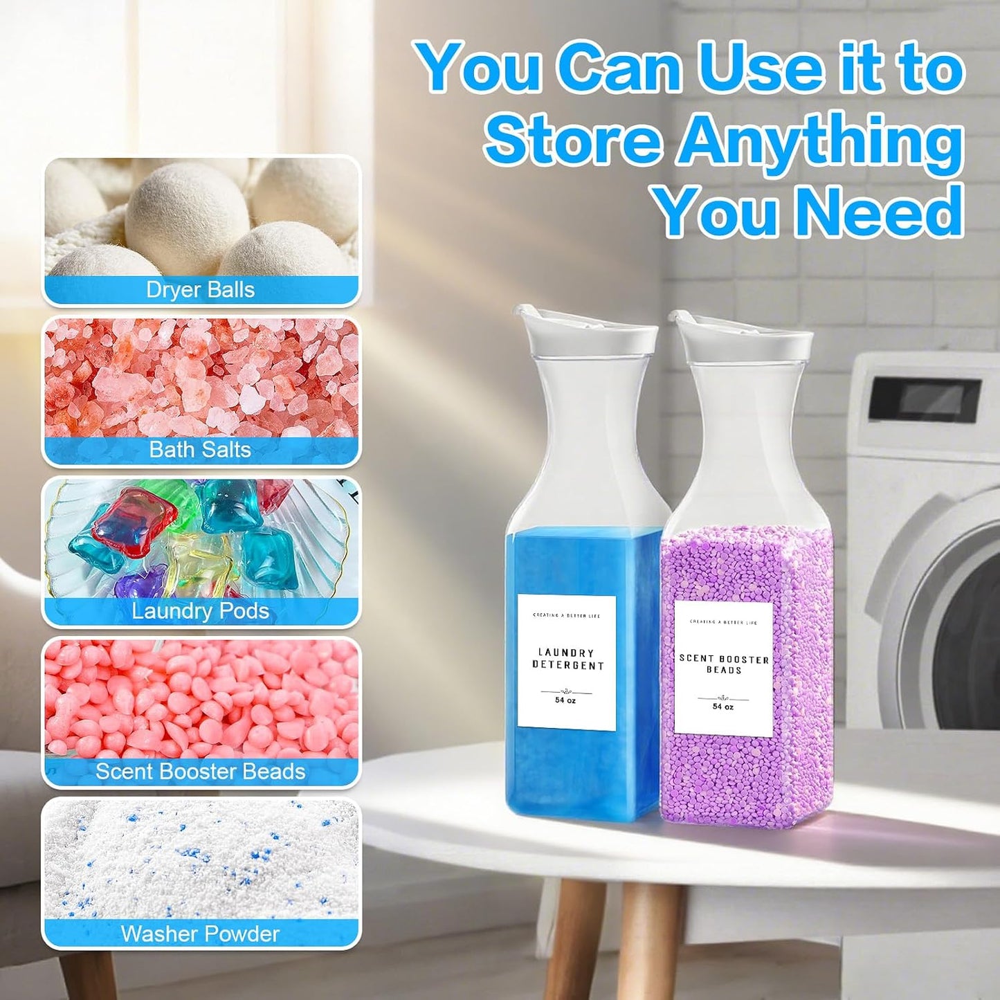 Laundry Detergent Dispenser Bottle 40oz with Waterproof Label for Laundry Detergent Soap Fabric Softener Bleach Scent Booster Beads, Sturdy PET Bottle for Laundry Room Decor 2 Pack White
