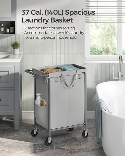SONGMICS Laundry Basket with Wheels, 3-Section Rolling Laundry Hamper, 52.8 Gallons (200 L), Removable Liner, Steel Frame with Handle, 35.8 x 15.4 x 31.9 Inches, Cream White URLS005W01