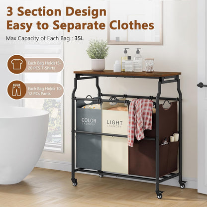 Hoctieon 3 Section Laundry Sorter Cart with Ironing Board, Laundry Hamper with Shelf and Rolling Wheels, Heavy Duty Laundry Basket Organizer, Large Clothes Separator Hamper with Removable Bags, Black