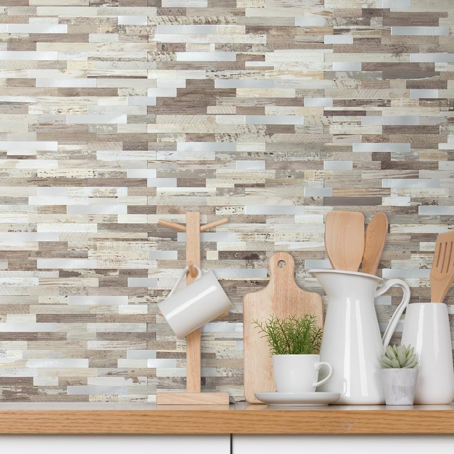 AULIGET 20 Sheets Peel and Stick Backsplash, Black & Grey Wood Look PVC Mixed Metal Stick on Backsplash Tiles for Kitchen