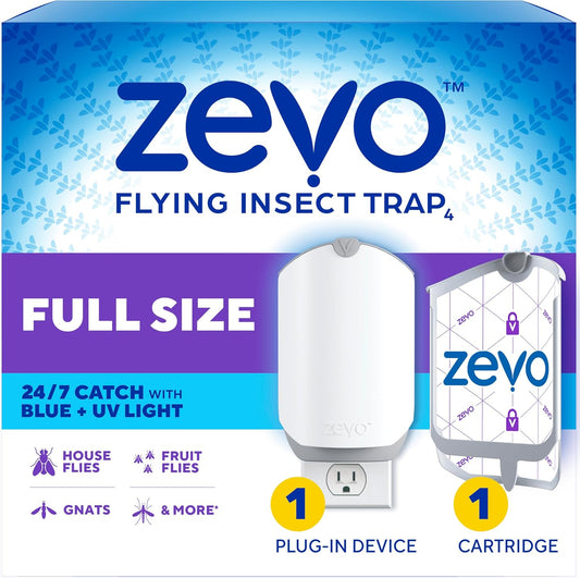 Zevo Flying Insect Trap & 3 Refill Cartridges - Plug in Fly Trap & Indoor Bug Catcher for Gnats, House & Fruit Flies - Blue & UV Light Technology, Mess-Free Alternative to Bug Zapper