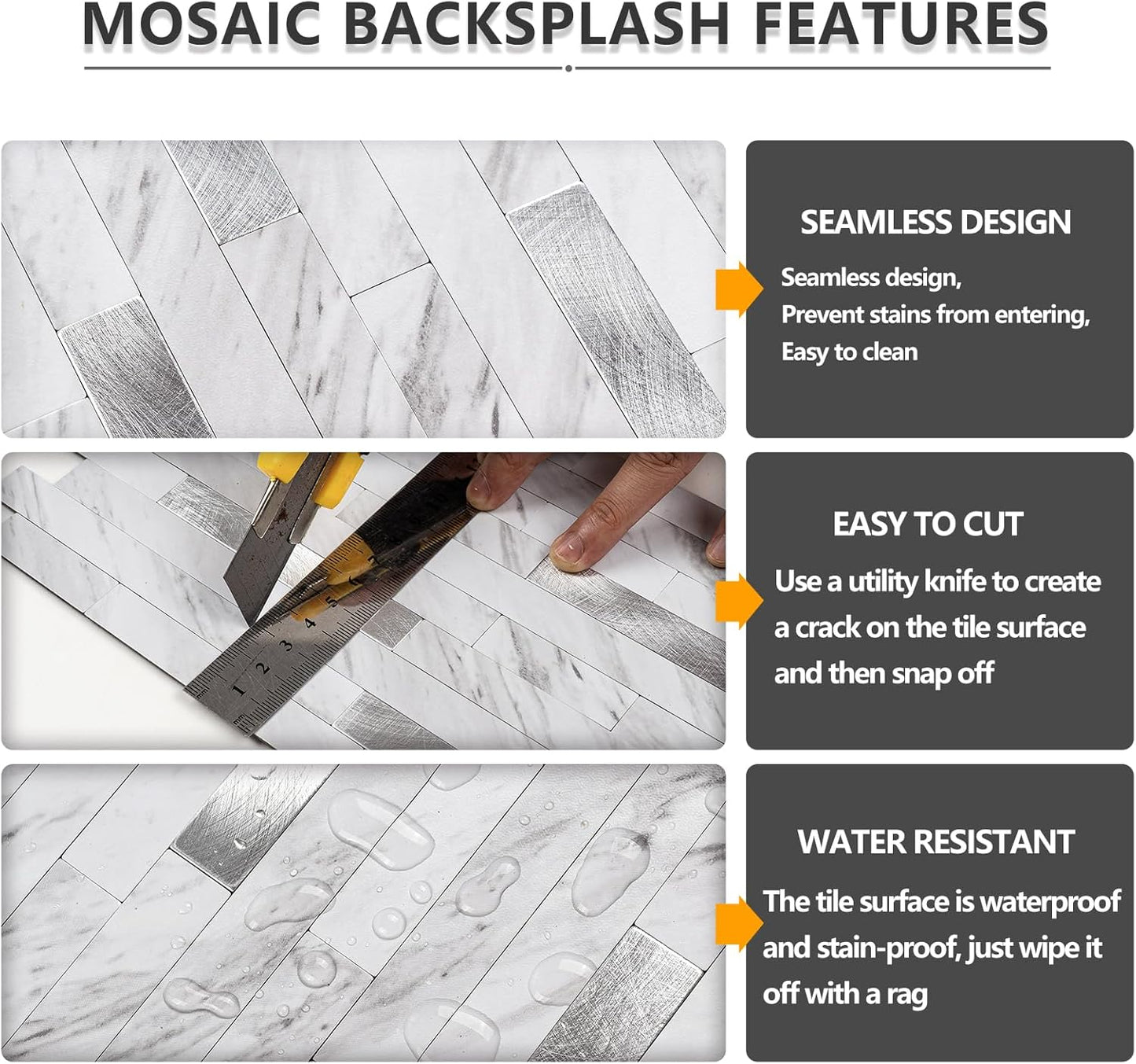 STICKGOO 20 Sheets Peel and Stick Backsplash Tile, Stick on Backsplash for Kitchen and Bathroom, White Sandstone Look PVC Mixed Metal Gold Self Adhesive Wall Tiles