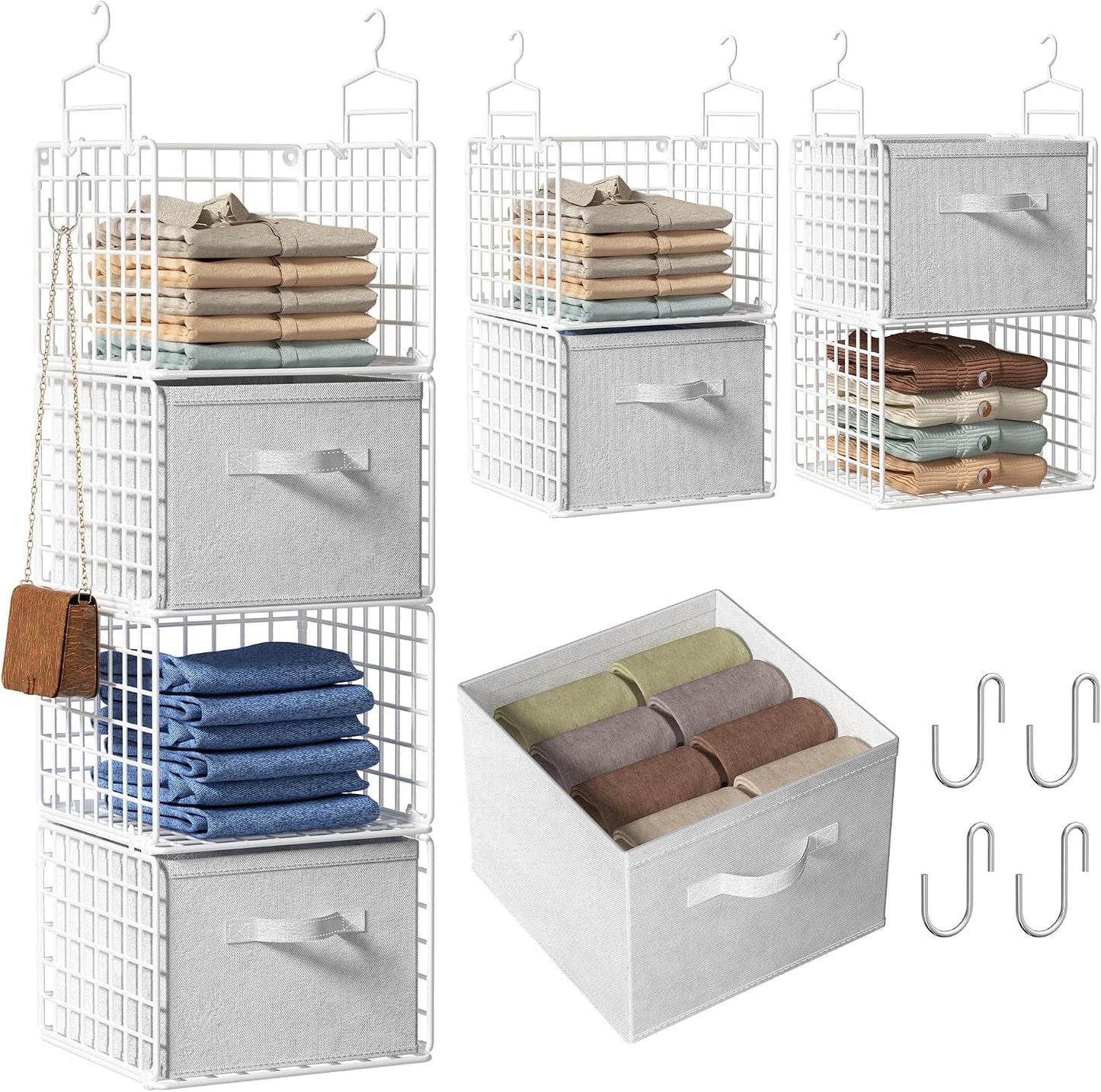Hanging Closet Organizer, 4 Tier Metal Closet Organizers and Storage with 4 Hanging Hooks 4 S-Hooks for Wardrobe Laundry Room, Wire Storage Shelf for Clothes Sweaters Pants (White)