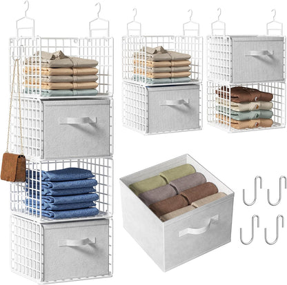 Hanging Closet Organizer, 4 Tier Metal Closet Organizers and Storage with 4 Hanging Hooks 4 S-Hooks for Wardrobe Laundry Room, Wire Storage Shelf for Clothes Sweaters Pants (White)